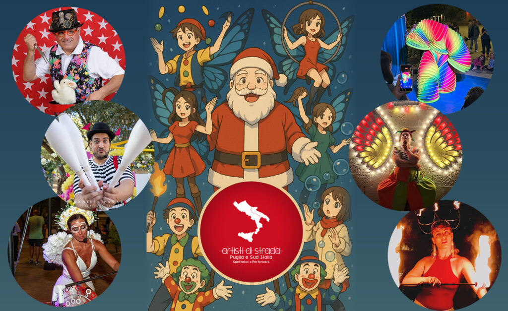 ArtistidiStradaPuglia.it è un’associazione specializzata in spettacoli di artisti di strada per eventi in Puglia e nel Sud Italia. Offriamo giocolieri, trampolieri, mangiafuoco, farfalle luminose, clown, maghi e performer per matrimoni, compleanni, comunioni, sagre, feste patronali, rievocazioni medievali e manifestazioni pubbliche o private. Animiamo piazze, strade e palchi con esibizioni di fuoco, equilibrismo, clownerie, balloon art e giochi per bambini, creando momenti di stupore e divertimento per ogni età. Operiamo in Puglia, Calabria, Basilicata, Molise, Campania, Abruzzo, Lazio e non solo, garantendo artisti professionisti e spettacoli su misura per rendere ogni evento indimenticabile.