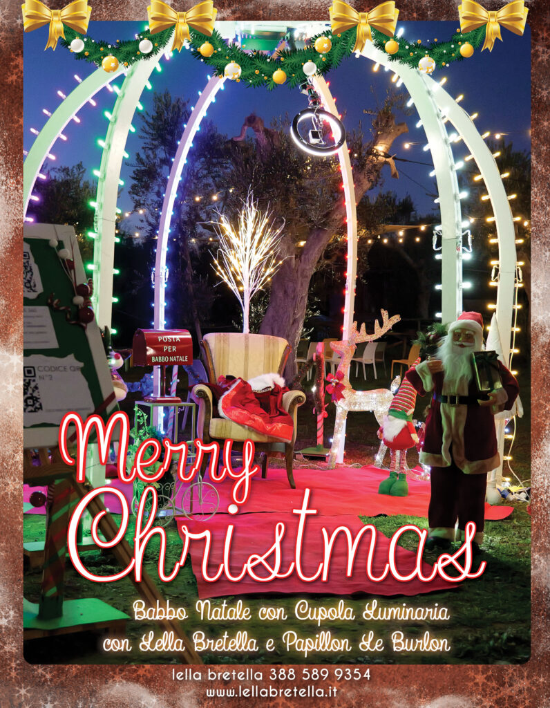 Il Villaggio di Babbo Natale di Lella Bretella e Papillon le Burlon  sarà un evento unico, dove tradizione e magia si uniranno per regalare a famiglie e bambini un’esperienza indimenticabile. Tra luminarie salentine, la cupola di luci, la casetta di Babbo Natale, photobooth e video booth 360, i visitatori vivranno un percorso incantato fatto di spettacoli, giochi e animazioni. Non mancheranno trampolieri, clown, sputafuoco, laboratori per bambini, musica e la “vera storia del Natale” raccontata dai due folletti birichini. Nei giorni festivi e nei weekend il villaggio offrirà eventi speciali con carillon umani, ballerine, farfalle luminose ed esibizioni circensi, trasformandosi in un luogo da fiaba che regalerà a grandi e piccoli tutta la magia di un Natale senza tempo.