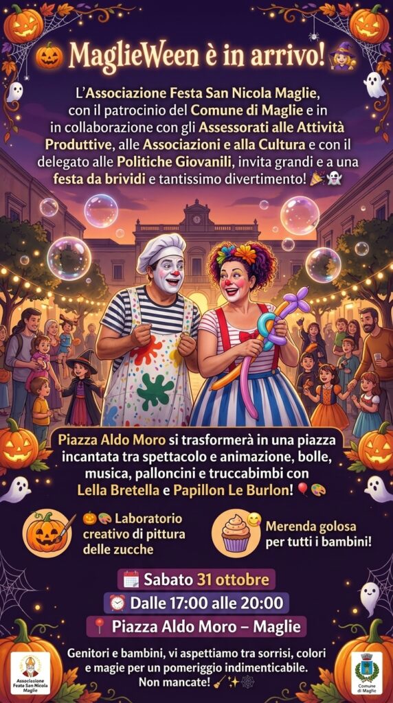 MaglieWeen è l’evento di Halloween a Maglie organizzato dall’Associazione Festa San Nicola Maglie con il patrocinio del Comune di Maglie. Sabato 31 ottobre, dalle 17:00 alle 20:00, Piazza Aldo Moro ospita animazione, bolle, musica, palloncini, truccabimbi con Lella Bretella e Papillon Le Burlon, laboratorio creativo di pittura zucche e merenda golosa per tutti i bambini.